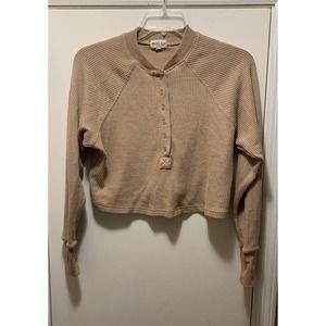 Malibu Bum Sweater M Tan Crop Button Up